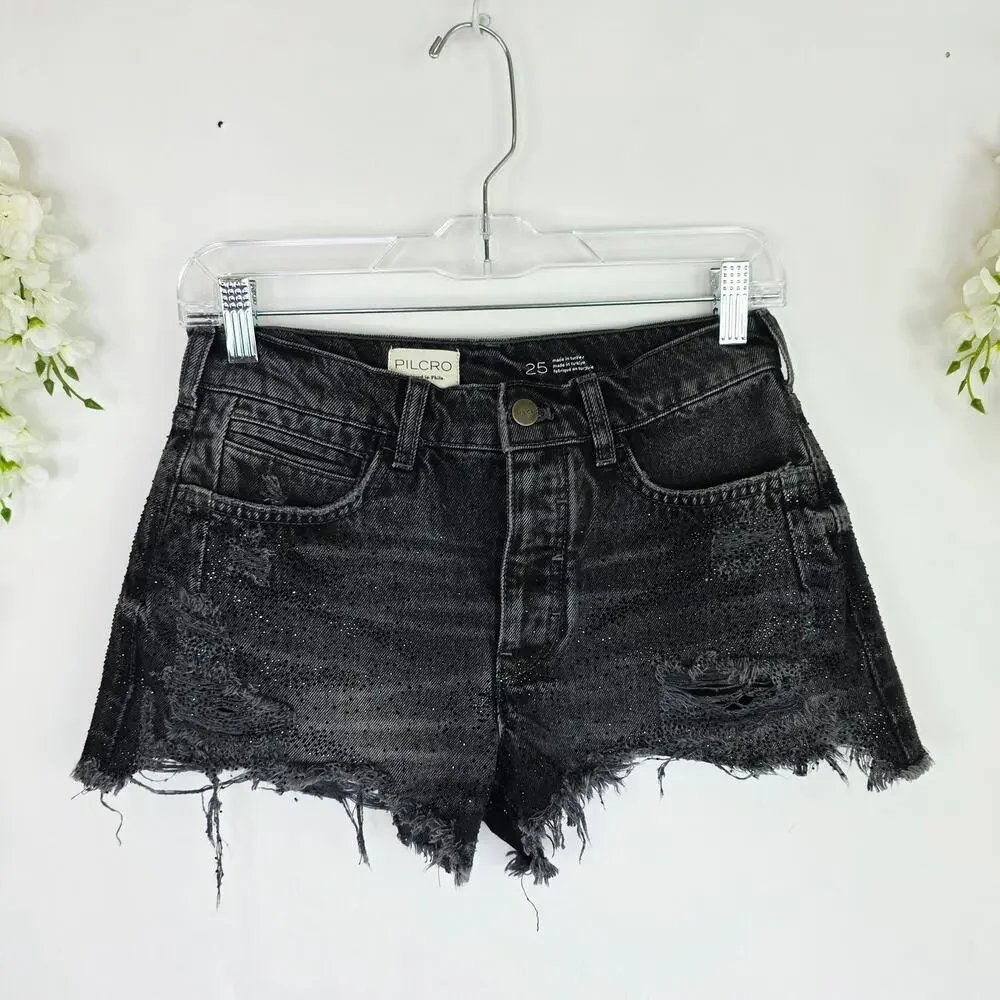 Pilcro Anthropologie Devon Denim Shorts 25 Black Rhinestone Distressed Frayed